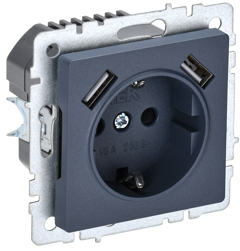 BRITE Розетка 1-местная с заземлением с защитными шторками 16А с USB A+A 5В 2,1А РЮш10-1-БрМ маренго IEK