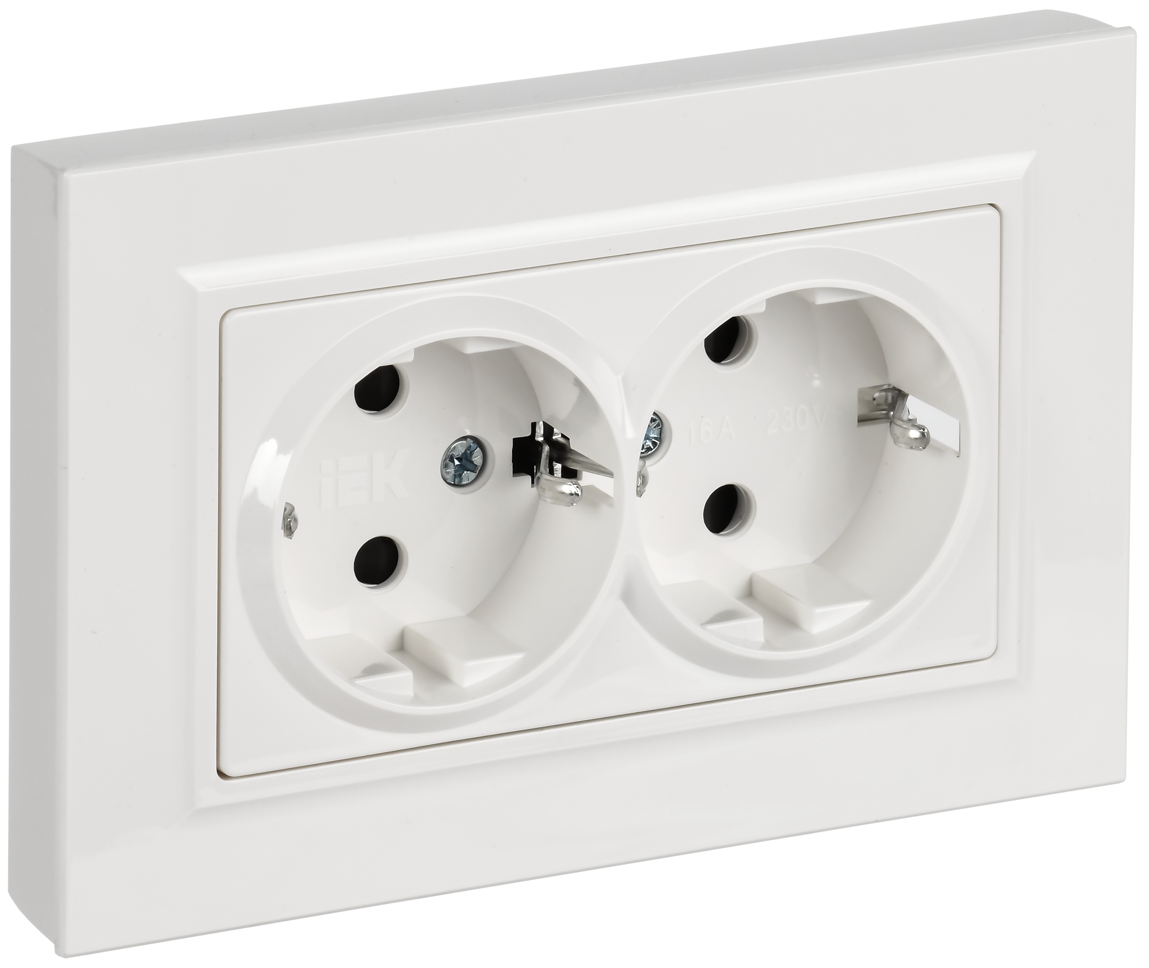 BRITE Розетка 2-местная с заземлением с защитными шторками плоская 16А в сборе РСшПл12-3-БрБ белый