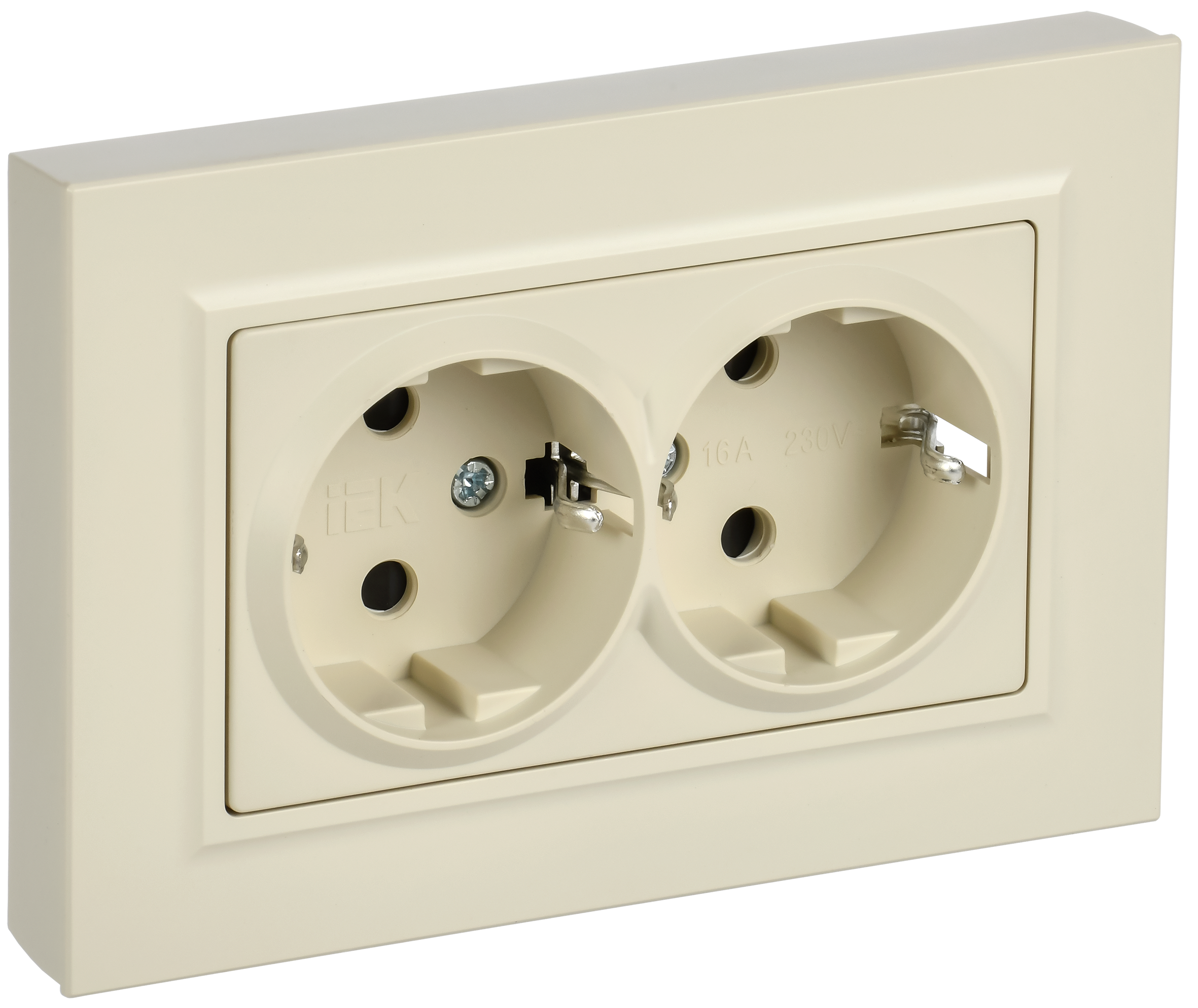 BRITE Розетка 2-местная с заземлением с защитными шторками плоская 16А в сборе РСшПл12-3-БрКр бежевый IEK BR-R28-16-K10-F