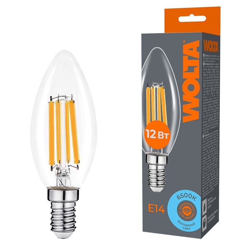Светодиодная лампа WOLTA Filament, AC 220-240В, 50/60 Гц, прозрачное стекло, "Свеча", C35, E14, 12 Вт, 1050 лм, 6500 К, 1/10/100 WF-C35-12W6KE14