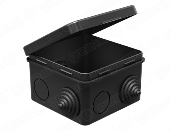 Коробка распаячная для о/п 80х80х50мм IP54 (45шт) ЧЕРНАЯ с откидной крышкой, 7 гермовводов. 4 сальни