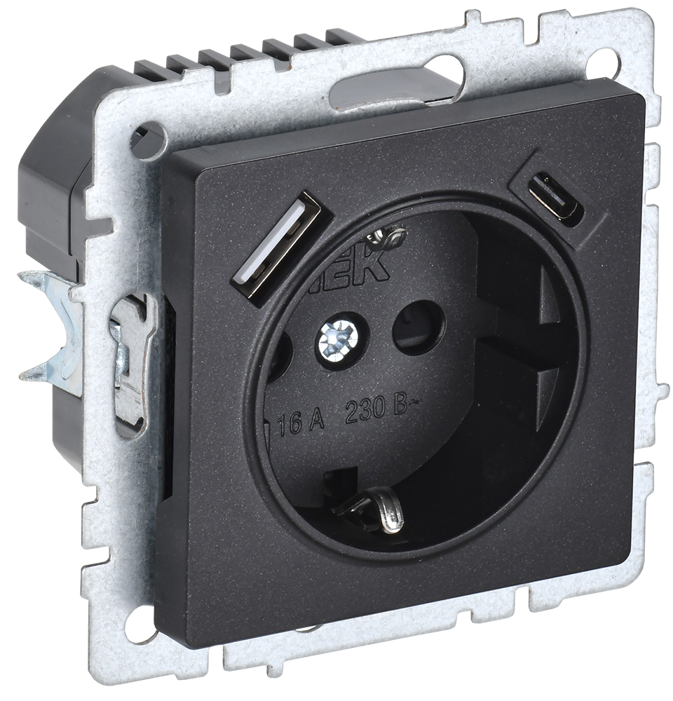 BRITE Розетка 1-местная с заземлением с защитными шторками 16А с USB A+C 18Вт РЮш11-1-БрЧ черный IEK