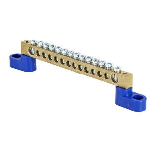 Шина "0" N (6x9мм) 14 отв. латунь 2 синих угловых изолятора розн. стикер EKF sn0-63-14-2-r