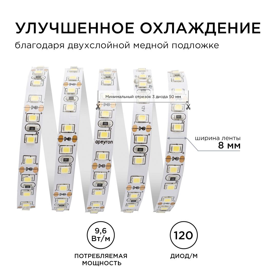 Лента светодиодная СТ smd3528 120д/м 12В 4000К IP20 5м Apeyron - Фото 5