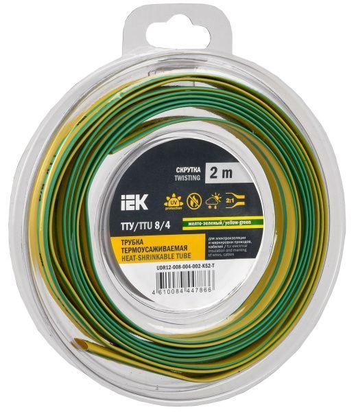 Трубка термоусадочная ТТУ нг-LS 8/4 желто-зеленая (2м/упак) IEK UDR12-008-004-002-K52-T
