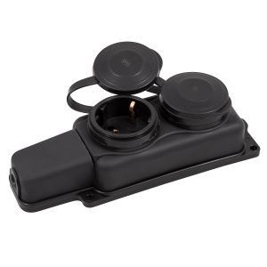 Розетка РП-16-232 двухместная каучуковая переносная с заземляющим контактом брызгозащищенная черная РП-16-232