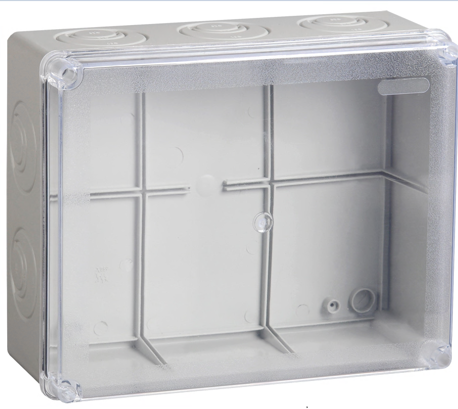 Коробка распаячная КМ41277 для открытой проводки безгалогенная (HF) 240х195х165мм с прозрачной крышкой IP44 5 вводов RAL 7035 IEK UKO10-240-195-165-K51-44