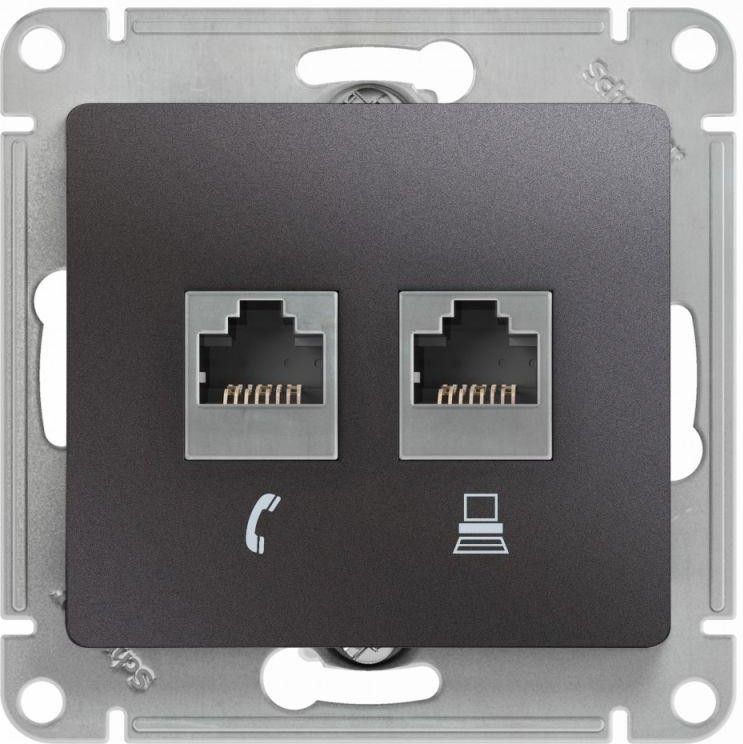 Розетка компьютерная + телефонная 2-м Glossa RJ45 + RJ11 кат.5E механизм графит SE GSL001385