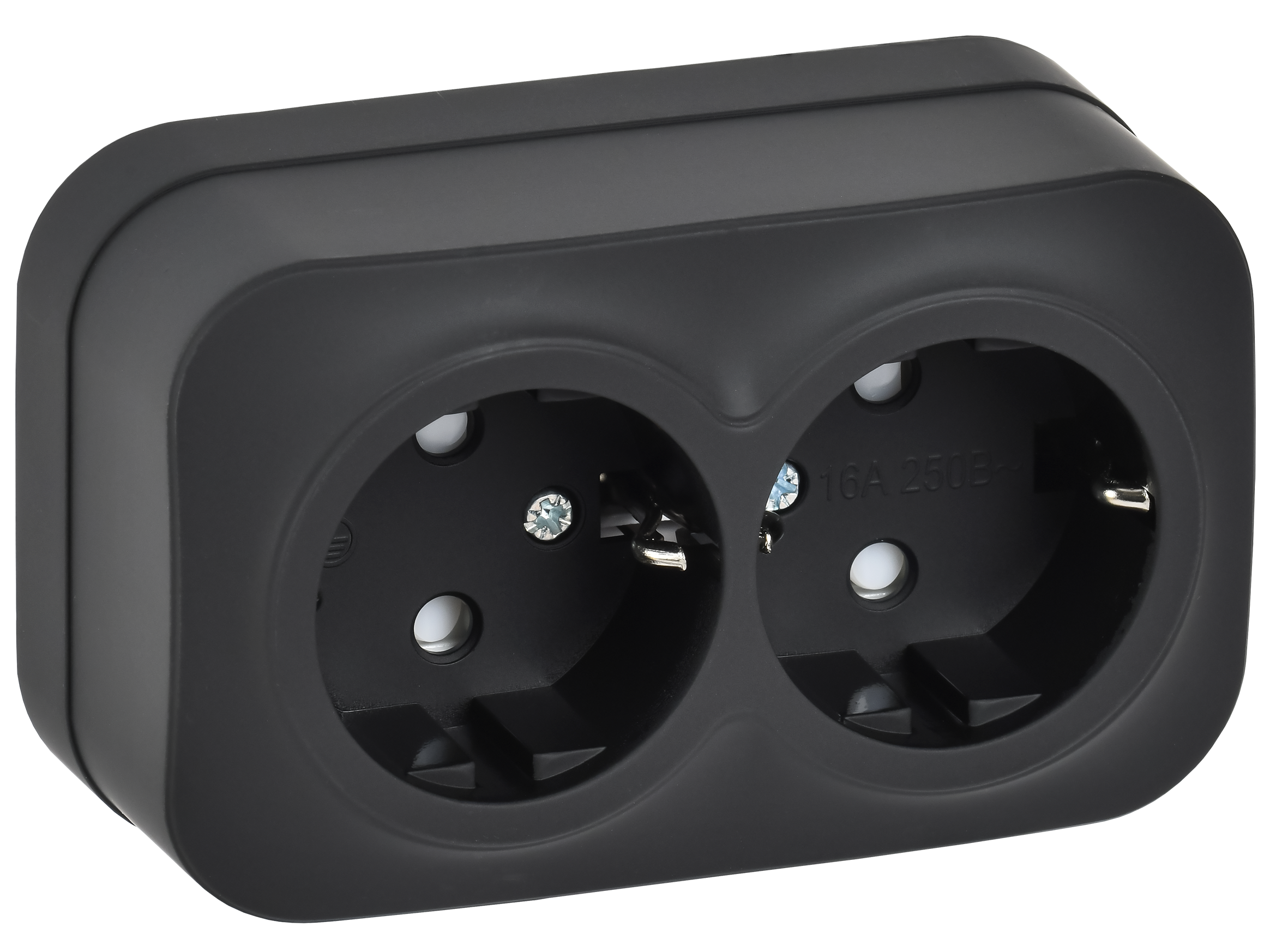 GLORY Розетка 2-местная для открытой установки с заземлением с защитными шторками 16А РСш22-3-ХЧм черный матовый IEK ERH24-K02M-16