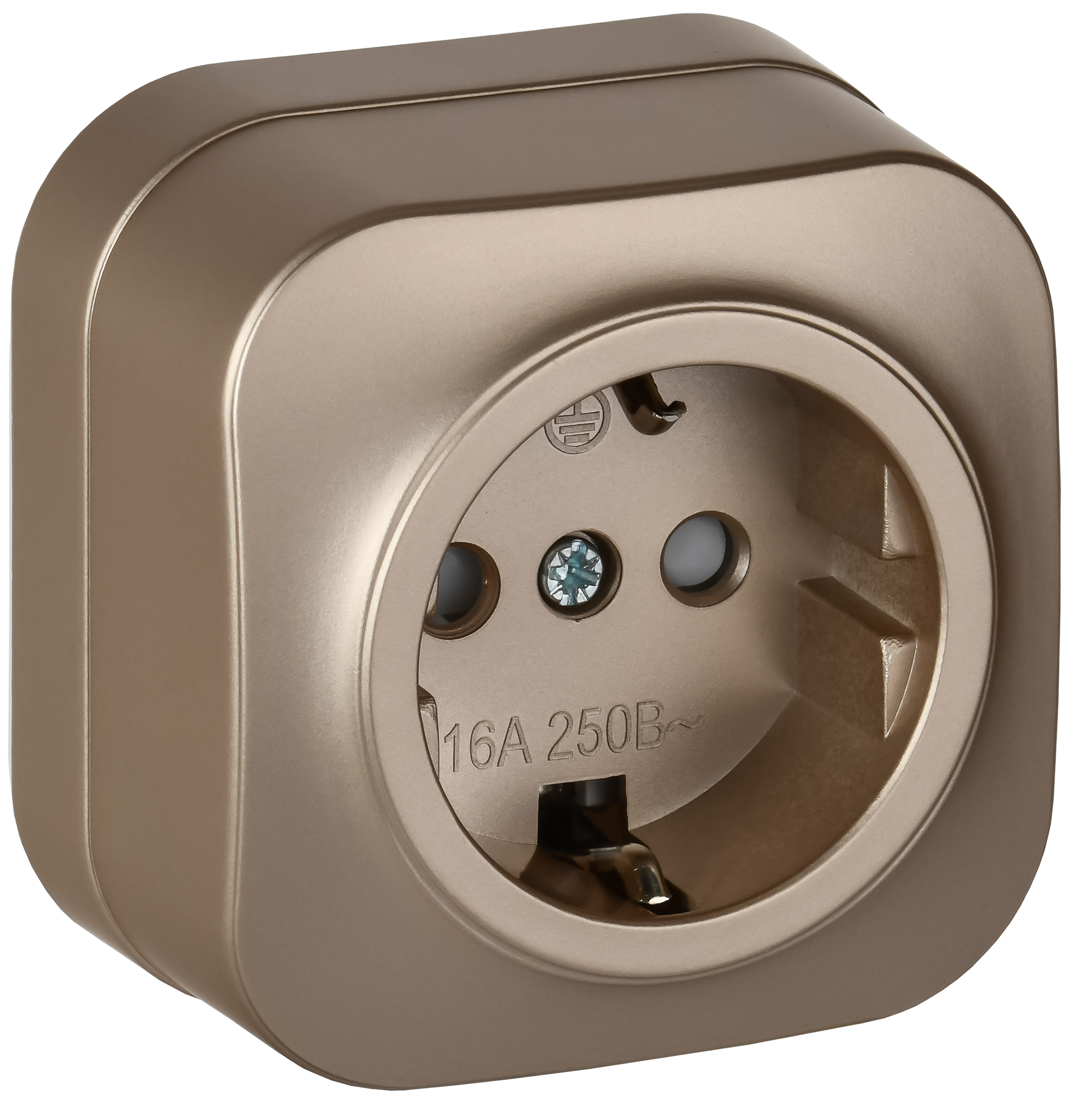 GLORY Розетка 1-местная для открытой установки с заземлением с защитными шторками 16А РСш20-3-ХШм шампань матовый IEK ERH14-K37M-16