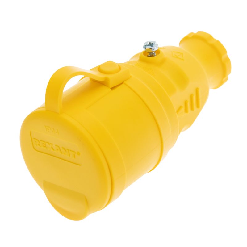 Розетка влагозащищенная переносная с крышкой 1 гнездо, с/з, 16А, IP54, каучук, желтая REXANT 111-122