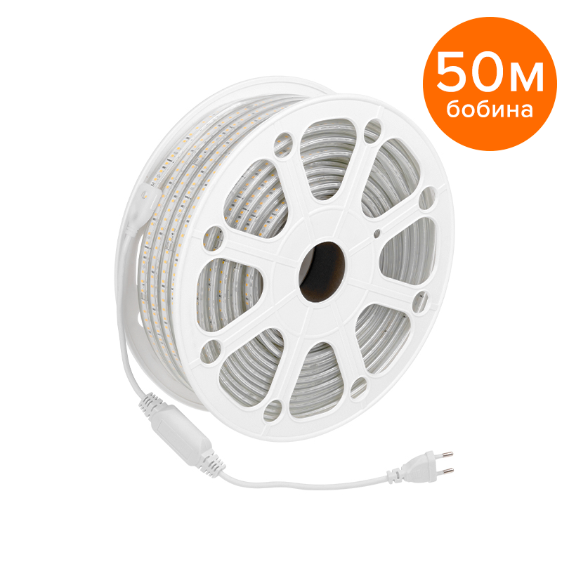 Светодиодная лента 220В герметичная WOLTA WLS-220V-2835-10W/3000/S120 SMD2835 10Вт/м 3000К IP65 750лм/м 120led/м ширина 13,5мм. Бобина 50 метров. Цена WLS-220V-2835-10W/3000/S120