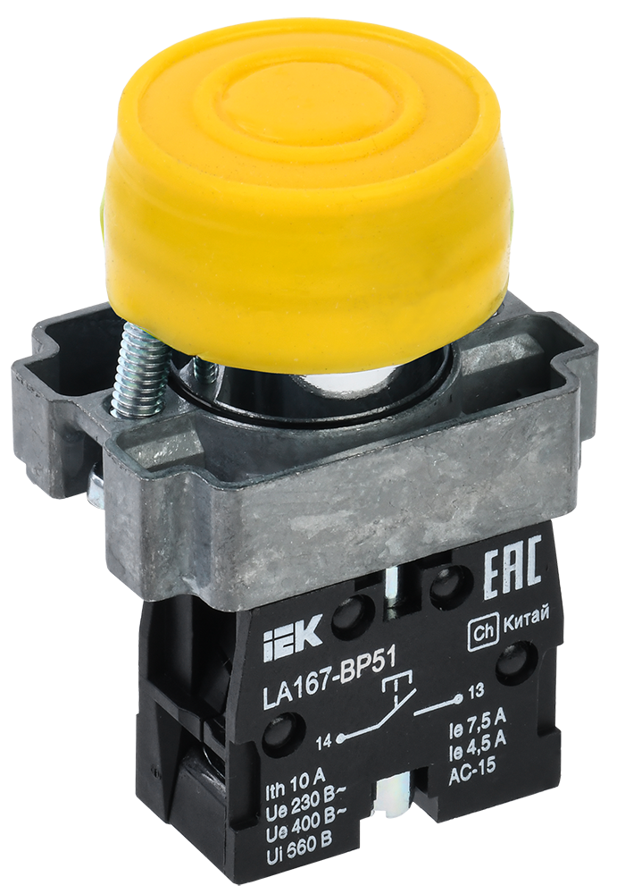 Кнопка управления LA167-BP51 d=22мм 1з желтая IEK
