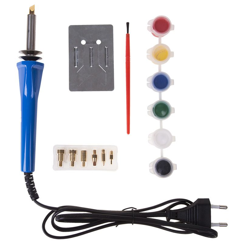 Выжигатель (набор паяльник - выжигатель), пирограф, 30Вт, 230В, 7 насадок + подставка + кисточка + краски, блистер REXANT 12-0186