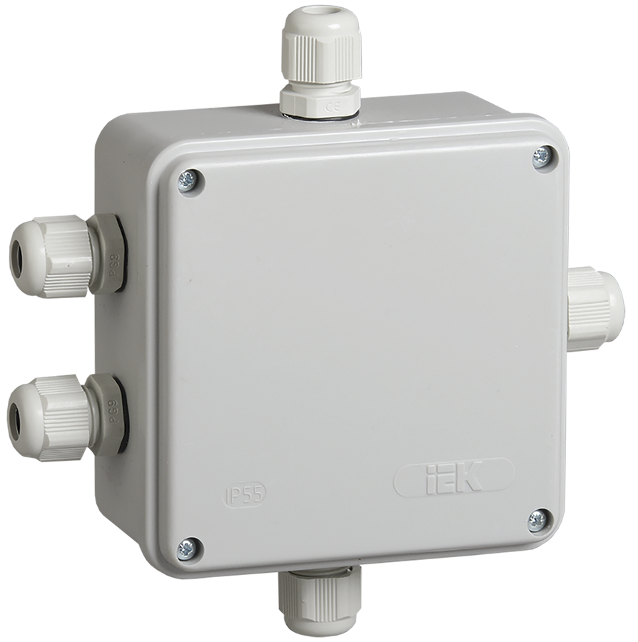 Коробка распаячная КМ41330 для открытой проводки безгалогенная (HF) 100х100х50мм IP55 5 гермовводов PG9 серая IEK UKO10-100-100-050-K51-55