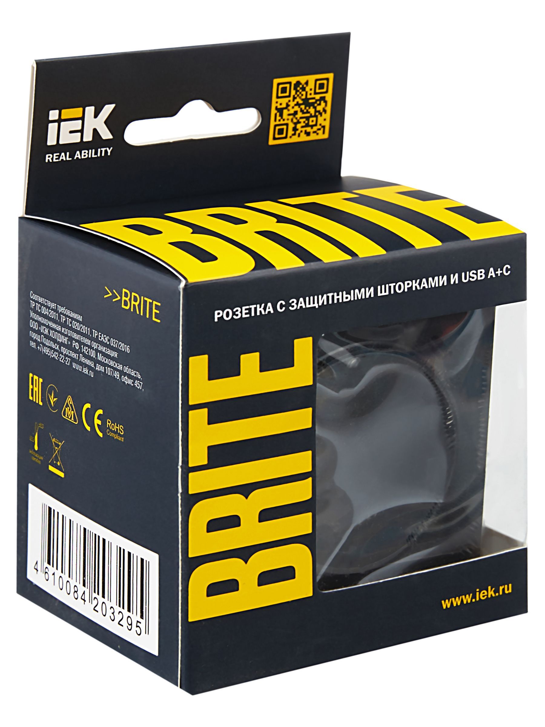 BRITE Розетка 1-местная с заземлением с защитными шторками 16А с USB A+C 18Вт РЮш11-1-БрЧ черный IEK - Фото 7