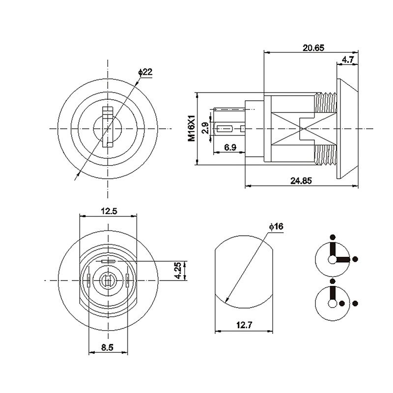 Переключатель ключ Ø16 250V 2А (3с) ON-ON (K16-05)  REXANT - Фото 5