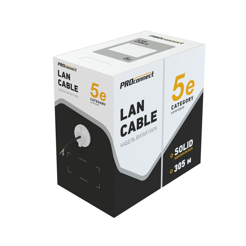 Кабель витая пара омедненный, F/UTP, CCA, CAT 5e, PE, 4PR, 24AWG, OUTDOOR, SOLID, черный, 305м PROconnect - Фото 2