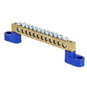 Шина "0" N (6x9мм) 12 отв. латунь 2 синих угловых изолятора EKF sn0-63-12-2