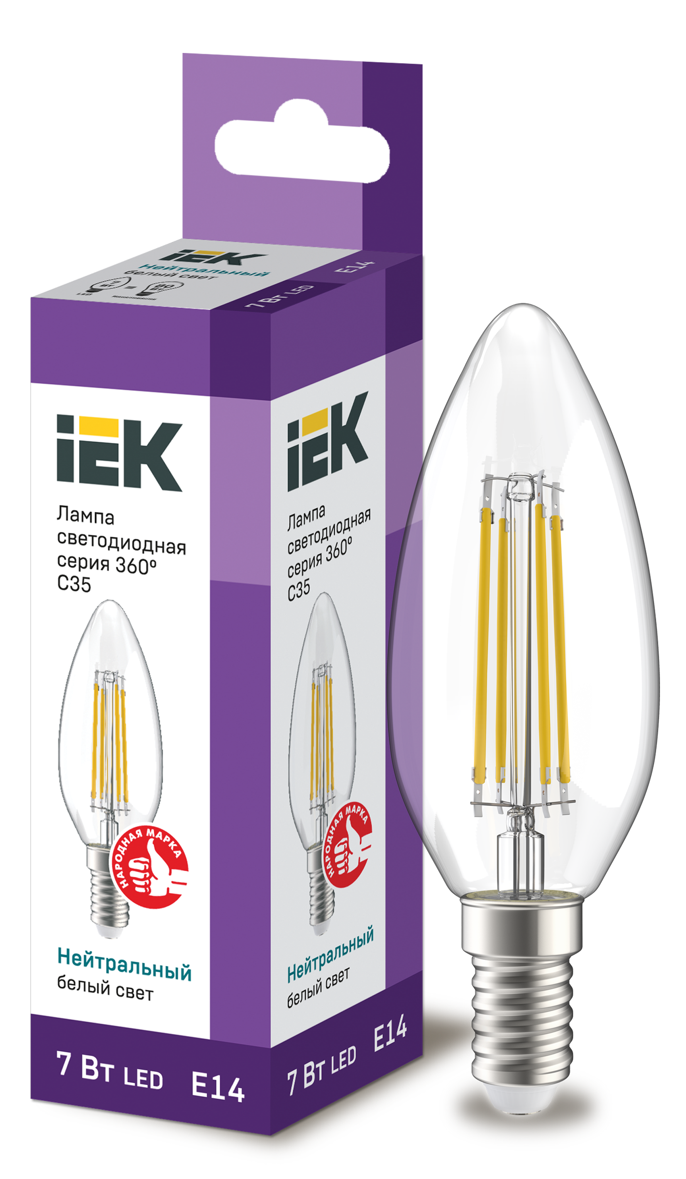 Лампа светодиодная C35 свеча прозрачная 7Вт 230В 4000К E14 серия 360° IEK LLF-C35-7-230-40-E14-CL