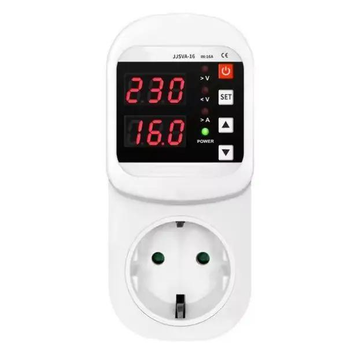 Однофазное цифровое реле напряжения и тока с дисплеем, на розетку 16А (под евро вилку с заземлением) JJSVA-16