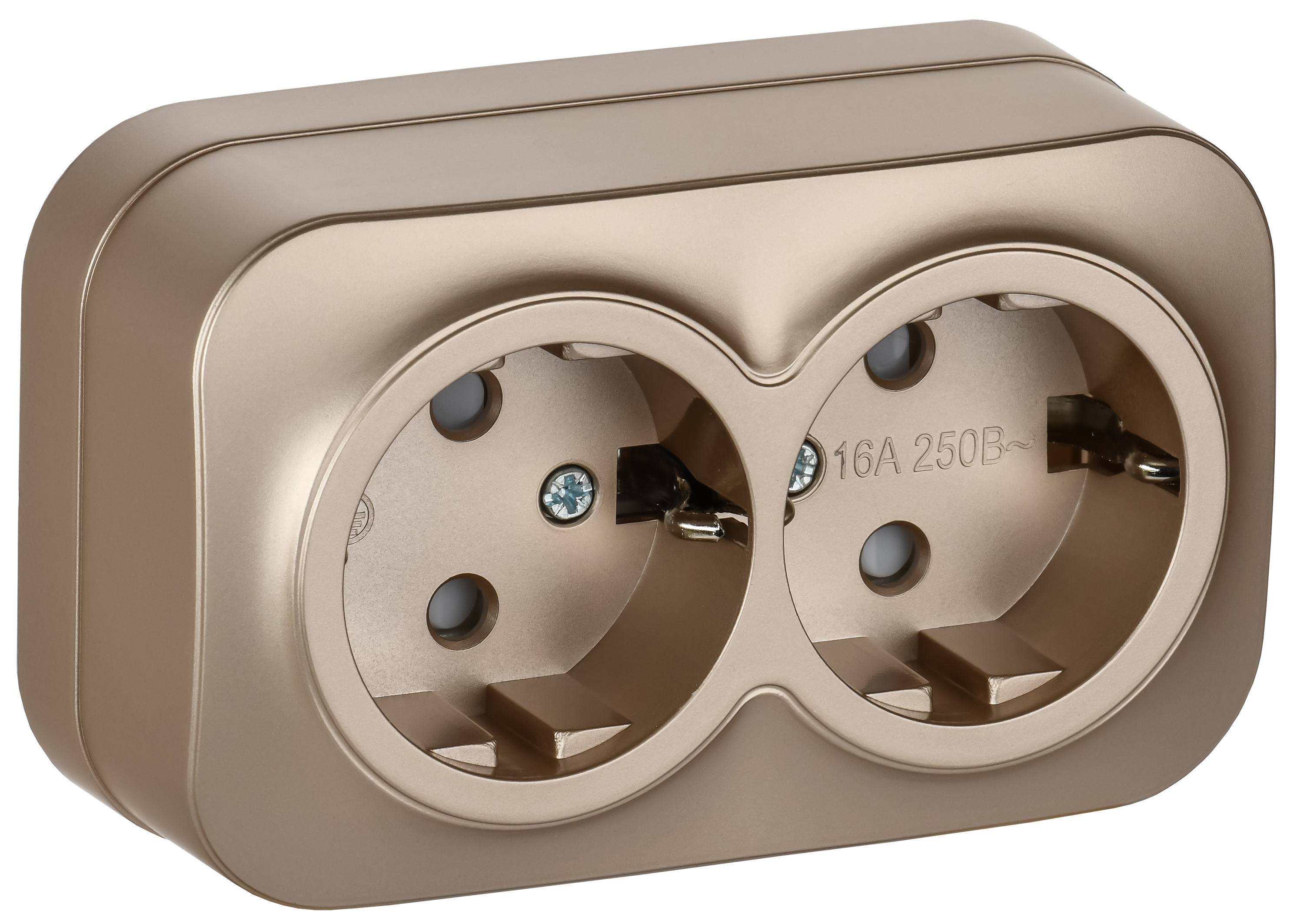 GLORY Розетка 2-местная для открытой установки с заземлением с защитными шторками 16А РСш22-3-ХШм шампань матовый IEK ERH24-K37M-16