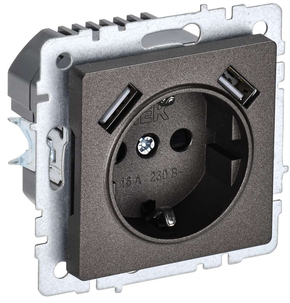 BRITE Розетка 1-местная с заземлением с защитными шторками 16А с USB A+A 5В 2,1А РЮш10-1-БрТБ темная бронза IEK BR-R14-16-U21-D21-K45
