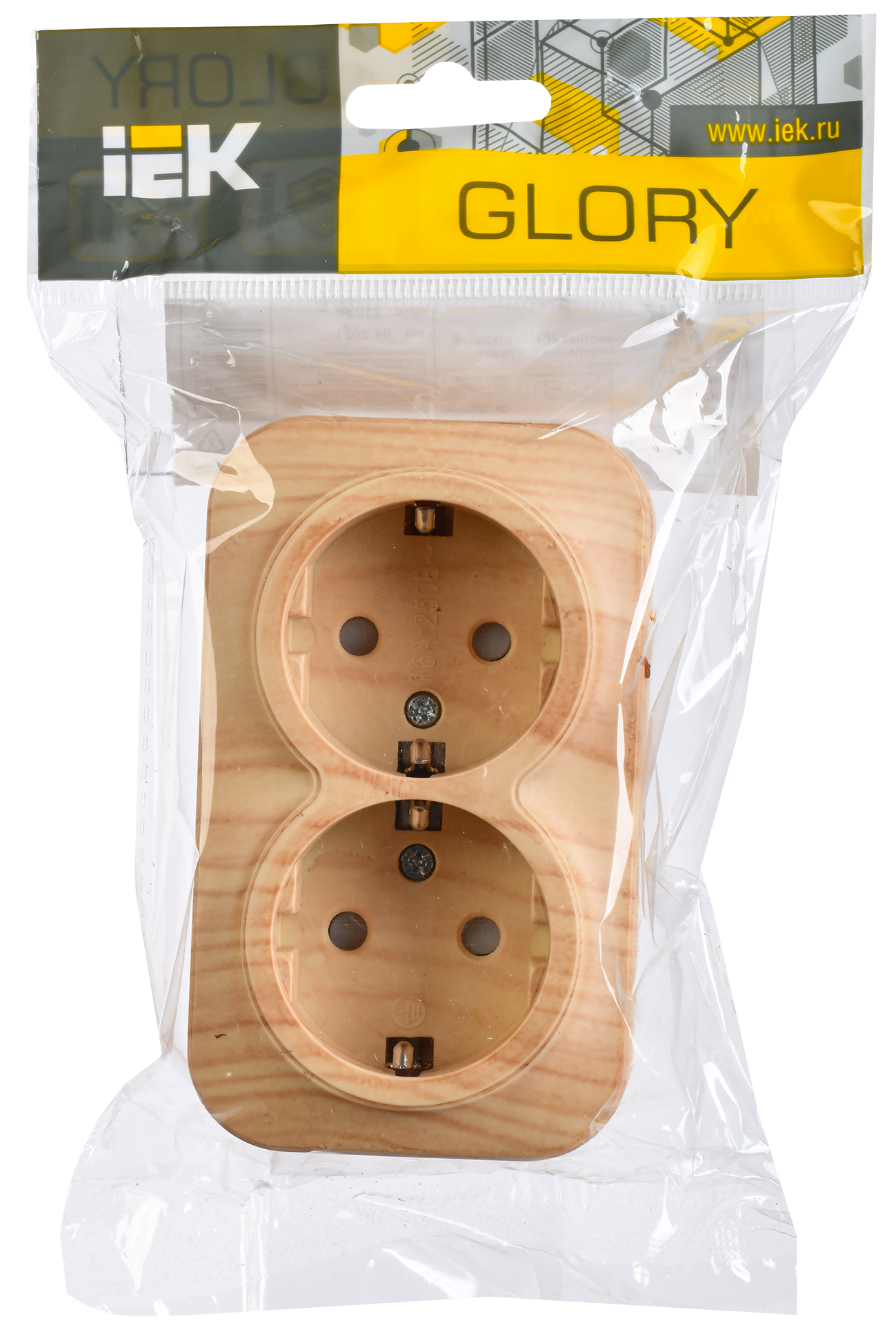 GLORY Розетка 2-местная для открытой установки с заземлением с защитными шторками 16А РСш22-3-ХС сосна IEK - Фото 2