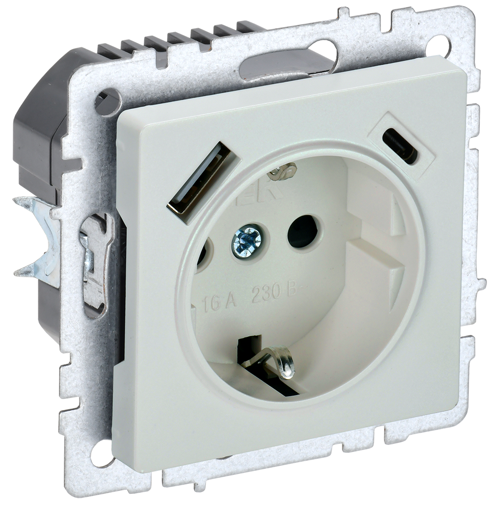 BRITE Розетка 1-местная с заземлением с защитными шторками 16А с USB A+C 18Вт РЮш11-1-БрЖ жемчуг IEK