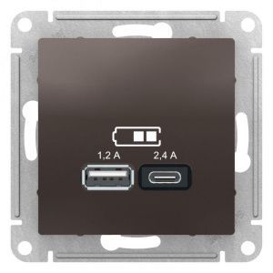 Розетка USB AtlasDesign тип A+C 5В/2.4А 2х5В/1.2А механизм мокко SE ATN000639 1340072