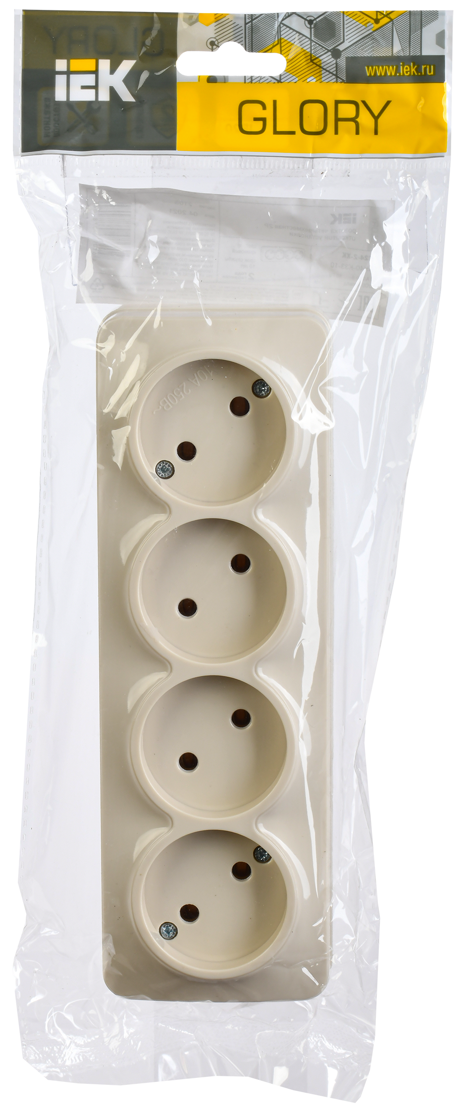 GLORY Розетка 4-местная для открытой установки без заземления без защитных шторок 10А РС24-2-ХК кремовый IEK - Фото 2
