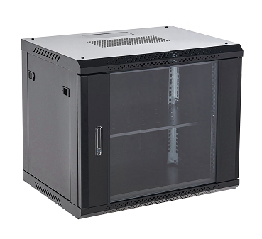 Настенный шкаф 19" 9U 600×450×501 (ШxГxВ), дверь стекло, металлическая задняя стенка, боковые съемные стенки, RAL 9005 REXANT 04-0964-112
