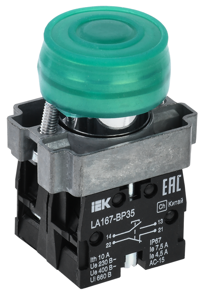 Кнопка управления LA167-BP35 d=22мм 1з+1р зеленая IEK