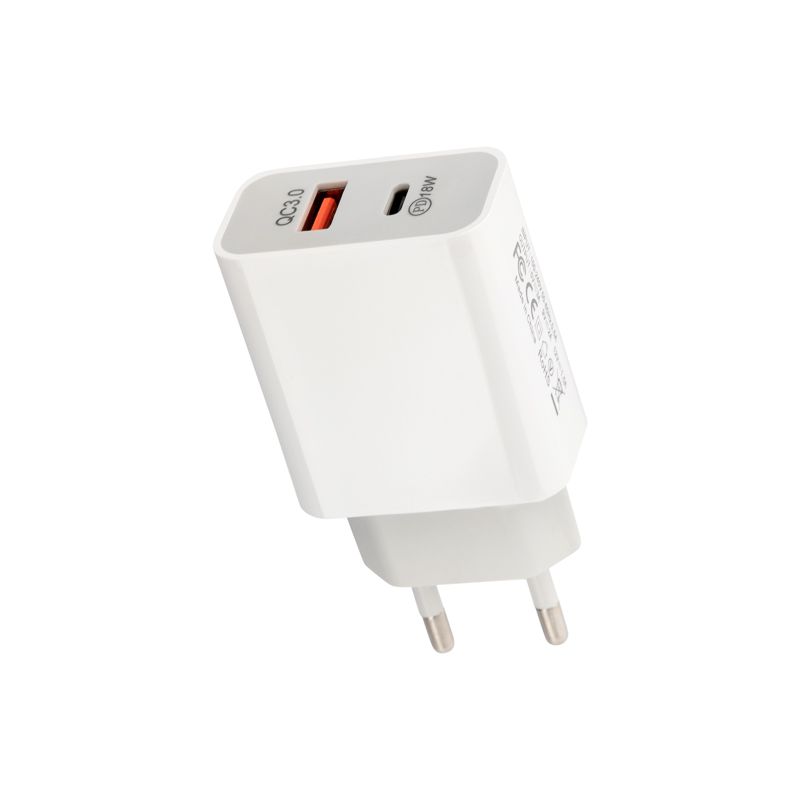 Сетевое зарядное устройство REXANT USB-A+USB-C адаптер, 18W белое 18-2216