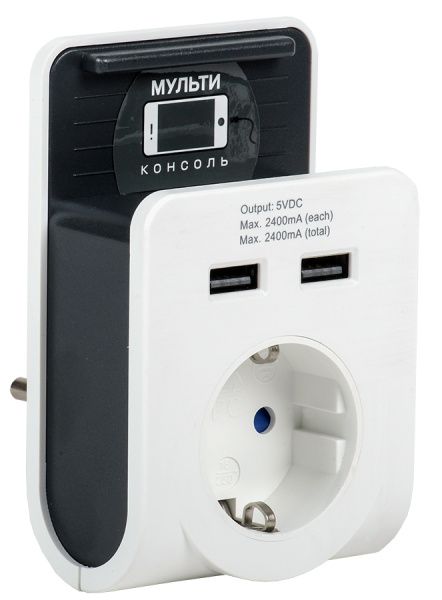 Адаптер Т-02/01 1 место с заземлением 16А 2хUSB 2,4А с подставкой белый IEK WTP11-16-01-Z-K01