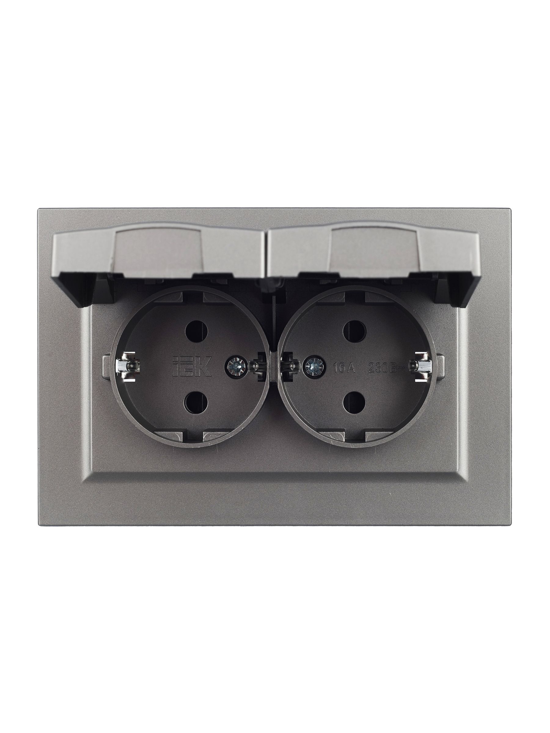BRITE Розетка 2-местная с заземлением с защитными шторками и крышкой 16А в сборе IP44 РСбш12-3-44-БрС сталь IEK - Фото 2