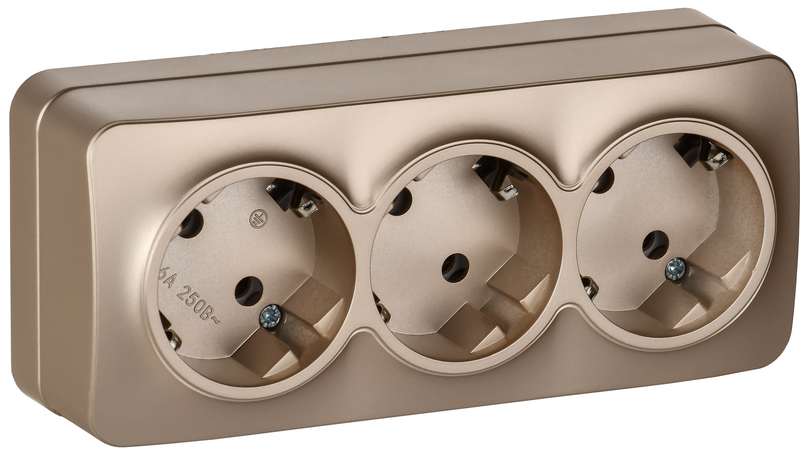 GLORY Розетка 3-местная для открытой установки с заземлением без защитных шторок 16А РС23-3-ХШм шампань матовый IEK ERH31-K37M-16