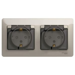 Розетка 2-м СП 2мод. Glossa 16А IP44 с заземл. защ. шторки в сборе молоч. SE GSL000947 485849