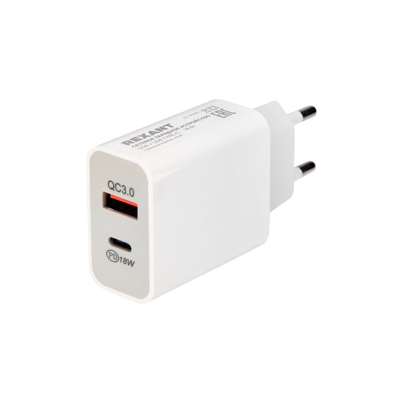 Сетевое зарядное устройство REXANT USB-A+USB-C адаптер, 18W белое - Фото 4