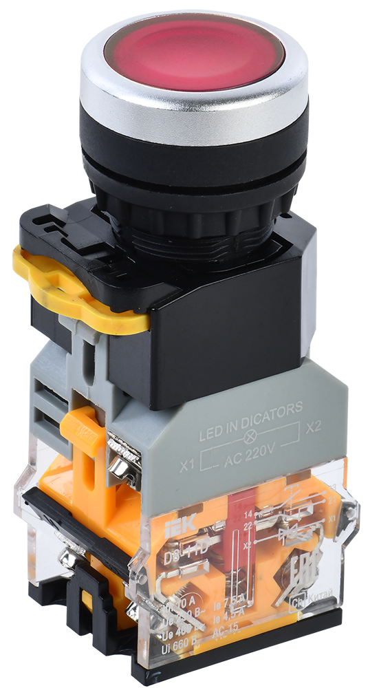 Кнопка управления D8-11D d=22мм 1з+1р с подсветкой красная IEK