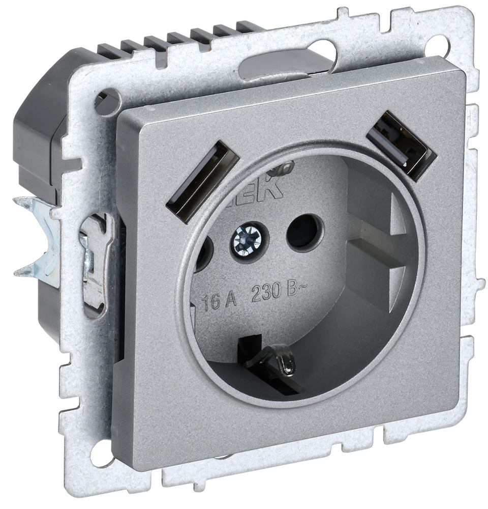 BRITE Розетка 1-местная с заземлением с защитными шторками 16А с USB A+A 5В 2,1А РЮш10-1-БрА алюминий IEK BR-R14-16-U21-D21-K47