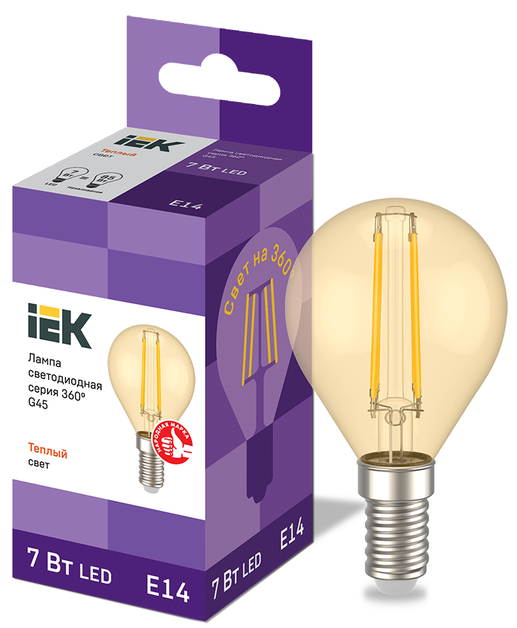 Лампа светодиодная G45 шар золото 7Вт 230В 2700К E14 серия 360° IEK LLF-G45-7-230-30-E14-CLG