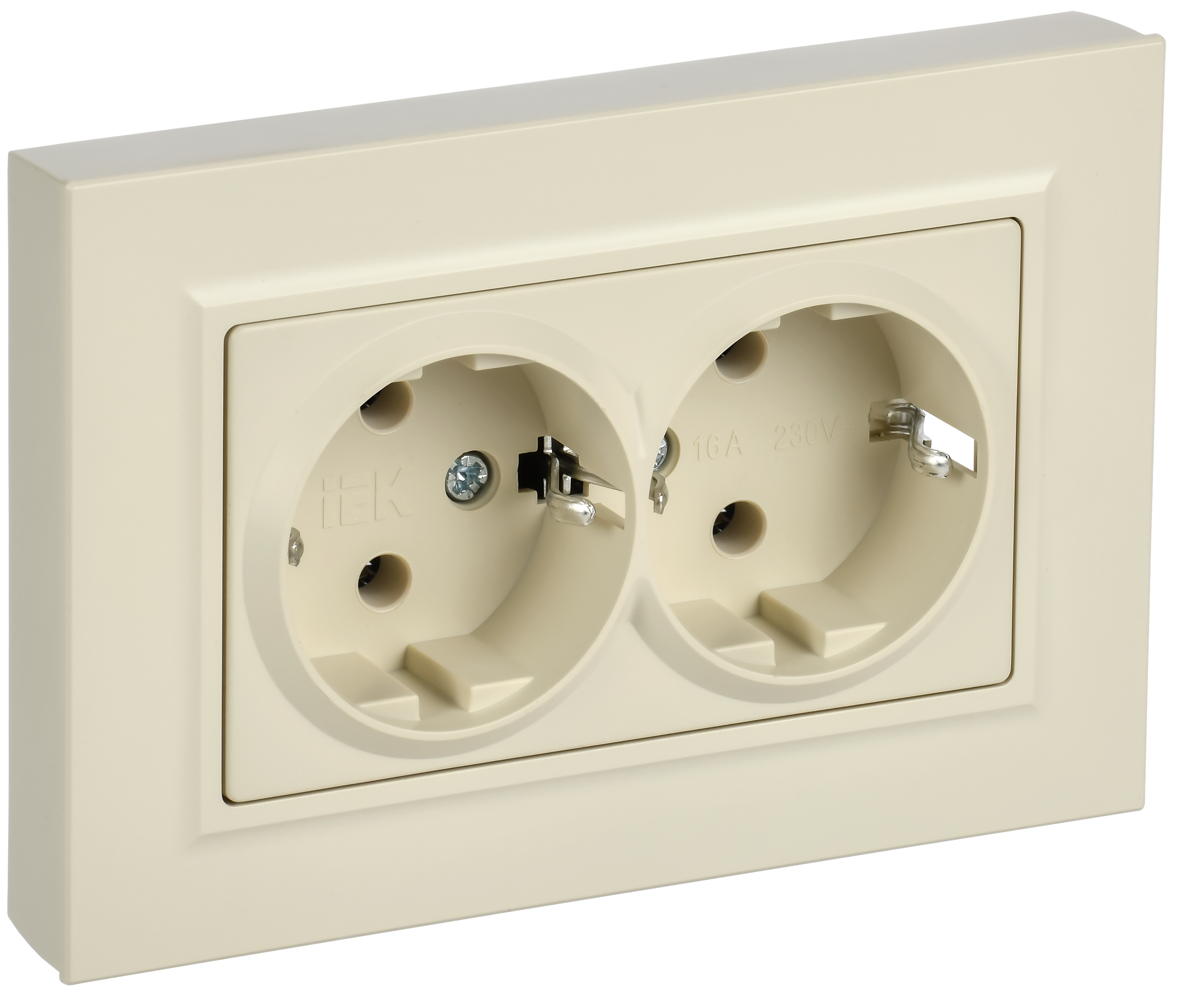 BRITE Розетка 2-местная с заземлением без защитных шторок плоская 16А в сборе РСПл12-3-БрКр бежевый IEK BR-R27-16-K10-F