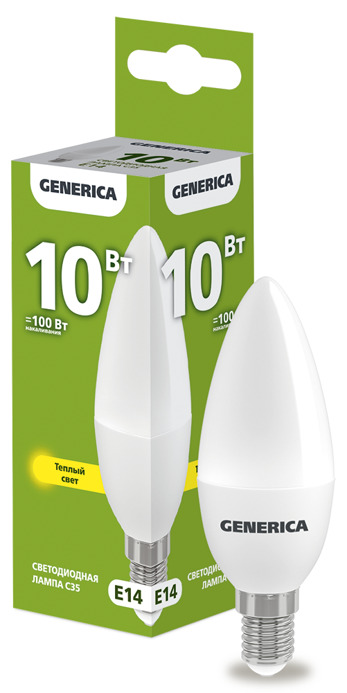 Лампа светодиодная C35 свеча 10Вт 230В 3000К E14 GENERICA LL-C35-10-230-30-E14-G