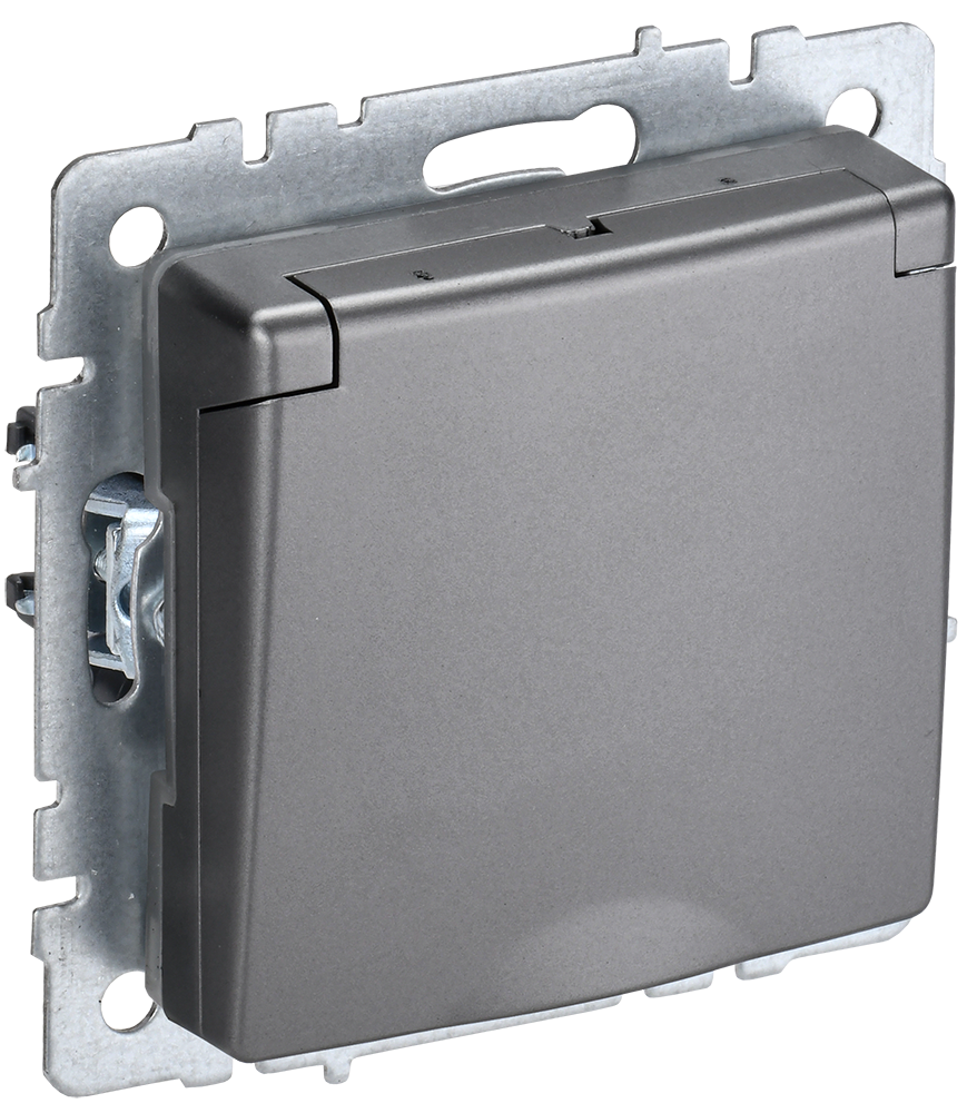 BRITE Розетка 1-местная с заземлением с защитными шторками и крышкой 16А IP44 РСбш10-3-44-БрС сталь IEK