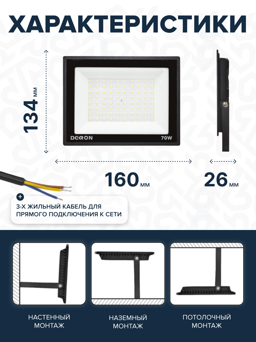 Прожектор светодиодный 70Вт, 5600лм, 6500K, черный, IP65  - Фото 13