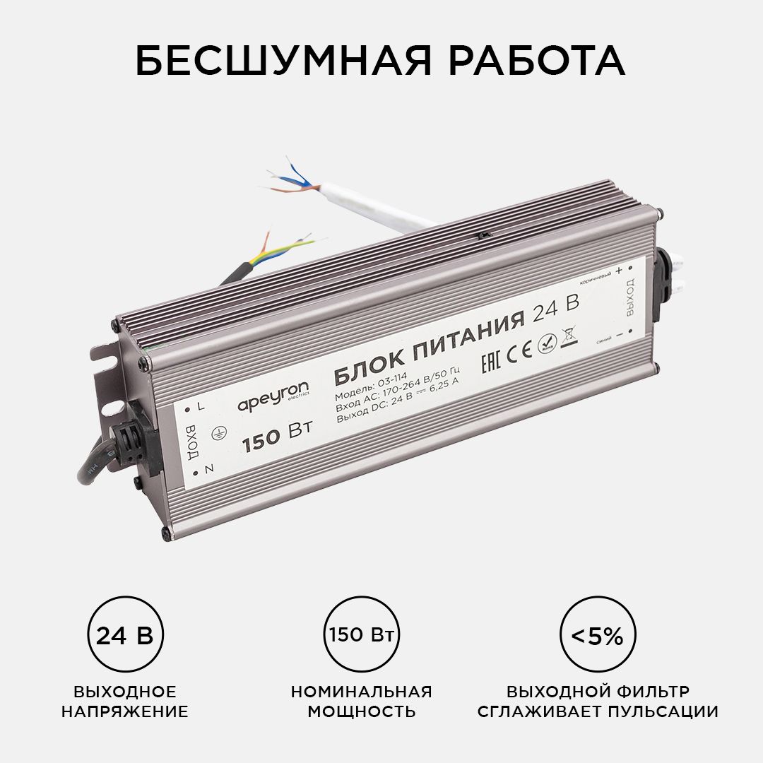 Блок питания 24В, 150Вт, импульсный, IP67, 175-265В, 6,25А, алюм., сереб., 215*68*40мм. Apeyron - Фото 3
