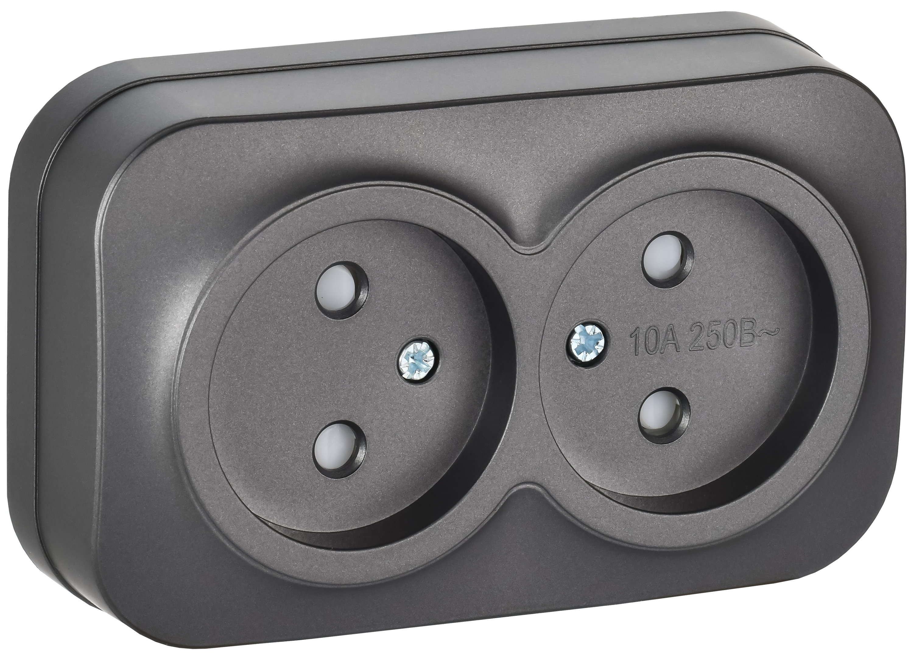 GLORY Розетка 2-местная для открытой установки без заземления с защитными шторками 10А РСш22-2-ХСм сталь матовый IEK ERH23-K46M-10