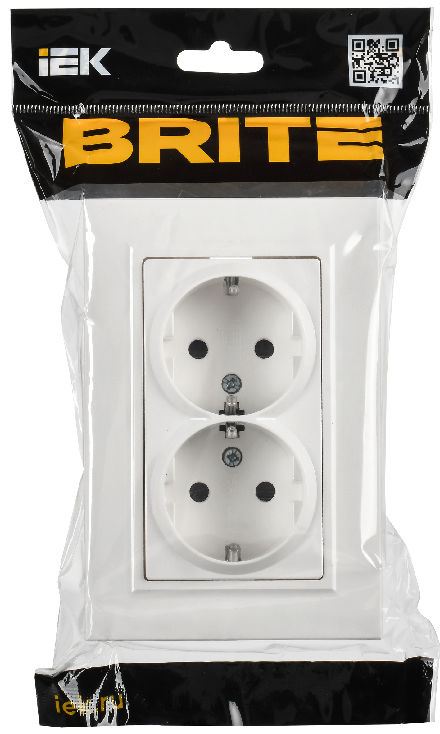 BRITE Розетка 2-местная с заземлением с защитными шторками плоская 16А в сборе РСшПл12-3-БрАБ арктический белый IEK - Фото 2