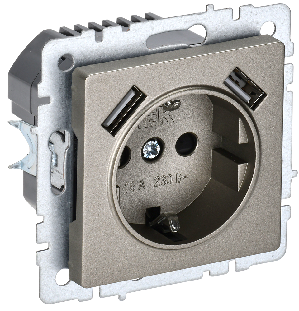 BRITE Розетка 1-местная с заземлением с защитными шторками 16А с USB A+A 5В 2,1А РЮш10-1-БрШ шампань IEK